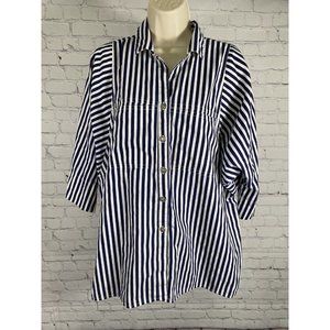 VTG Cabrais Plus Blue White Striped Short Sleeve Button Up Collared Shirt 20W
